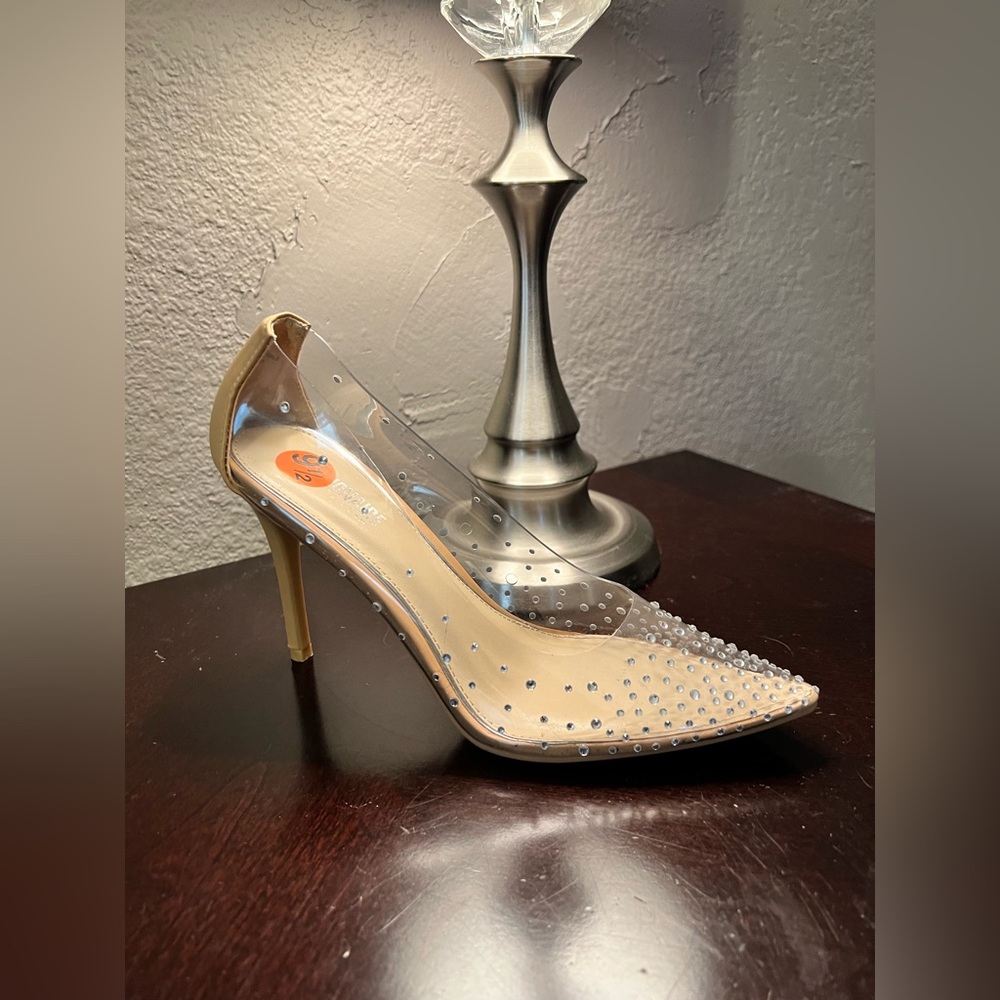 Clear, jeweled, heels, size 9.5